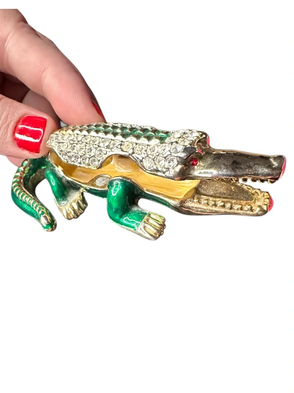 Green and Gold Crocodile Trinket Box with Rhinestones